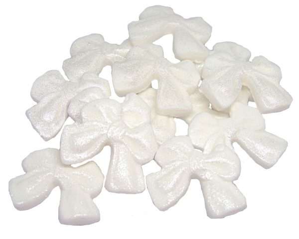Inked12 White Small Bows LI These small coloured Glittered edible bows decorations will enhance any cupcake or cake. Available in a choice of colours making them ideal for Weddings, Birthdays, Valentine & Anniversary decorations Approx Size: 24mm high - 28mm wide