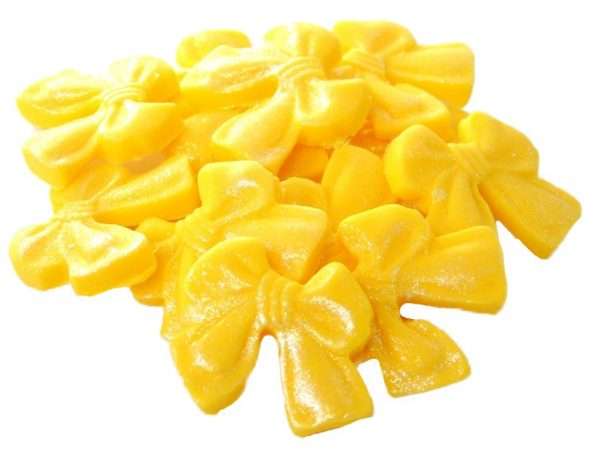 Inked12 YELLOW SMAL BOWS jpeg LI These small coloured Glittered edible bows decorations will enhance any cupcake or cake. Available in a choice of colours making them ideal for Weddings, Birthdays, Valentine & Anniversary decorations Approx Size: 24mm high - 28mm wide