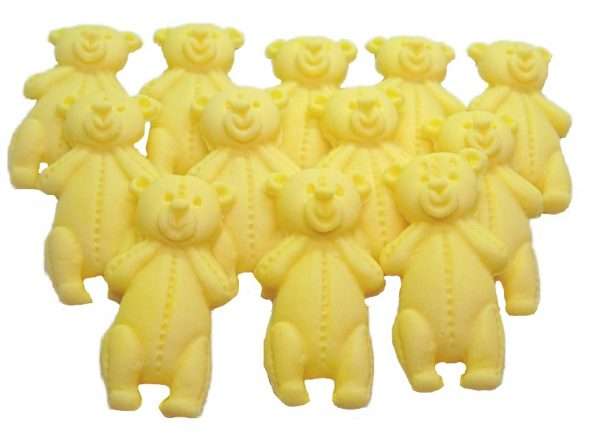 Inked12 Yellow LT Teddysjpeg LI These edible Teddies come in a variety of colours and in a separate listing are also packed in mixed colours. Extremely popular for baby showers and birthdays for the very young. Available in a choice of colours: blue, pink, yellow, white, brown, peach and purple We have another listing for mixed colours of these lovely teddys. Approx Size 5.5 cm/ 3.5 cm