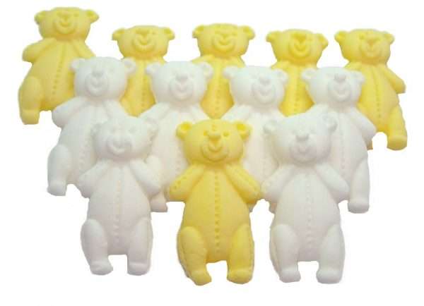 Inked12 Yellow White LT Teddysjpeg LI These edible Teddies come in a variety of colours and in a separate listing are also packed in mixed colours. Extremely popular for baby showers and birthdays for the very young. Available in a choice of mixed colour sets: with blue, pink, yellow, white, brown, peach and purple We have another listing for single colours of these lovely teddys. Approx Size 5.5 cm/ 3.5 cm