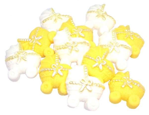 Inked12 Yellow White Prams1 A baby shower is always a great time to bake and to share. These lovely, coloured baby prams with idea for any baby shower as well as for a christening. 12 Baby prams with coloured Ribbons – make these ideal Baby Shower Cupcake Cake Topper Decorations Approx Size: 3cm tall - 2.5cm wide Also available in single colours