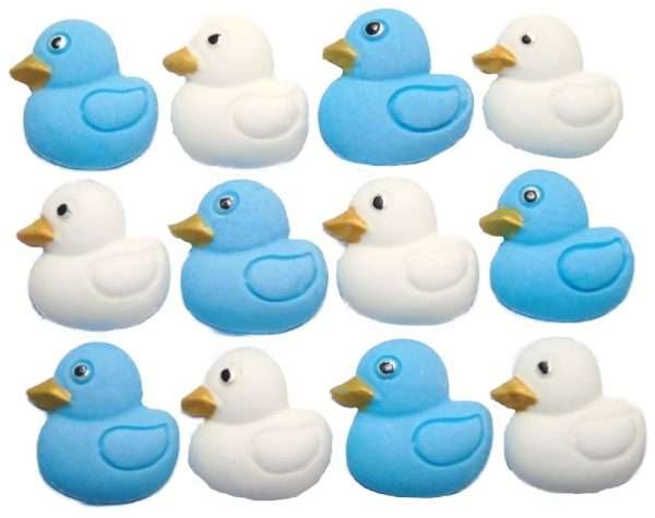 Inked12 blue white ducksjpeg LI These cute baby ducks are ideal for your cupcakes or cake decorations, they are great for a baby shower, birthday and Christening and available in an assortment of colours. 12 baby-coloured duck decorations Approx Size: 25mm high - 25 mm wide