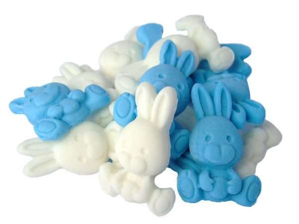 Inked12 blue white rabbitsjpeg LI If you are looking for something for your Easter bakes? Then these cute, edible-coloured rabbits are ideal. They are also an exceedingly popular choice for decorating baby showers Cupcake Toppers. 12 Cute Edible Baby Rabbits, Available in a choice of colours and colour mixes Approx Size: 3.5cm Tall