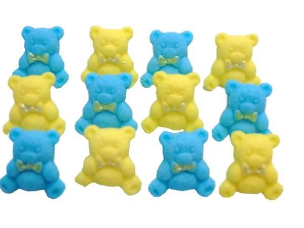 Inked12 blue yellow teddies LI These popular baby teddies are suitable for cupcakes toppers and are most used for birthdays, baby Shower and Christenings. Available in a selection of colours and mixes they are sure to please. 12 Edible Coloured Teddy Teddies Baby Shower Cupcake Toppers Approx Size 2.2 cm tall