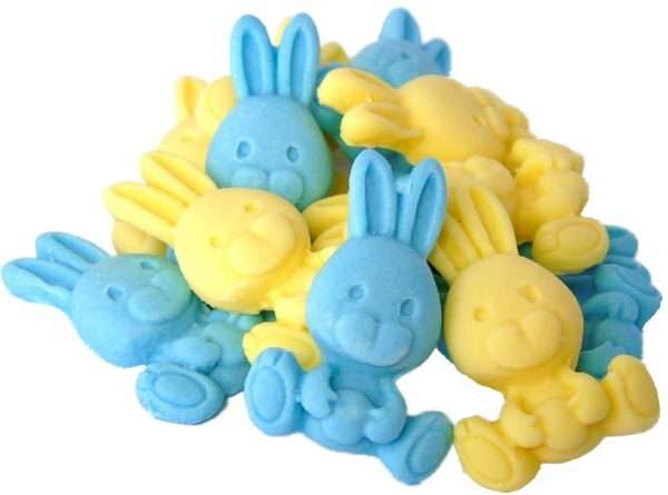 Inked12 blue yelow rabbitsjpeg LI If you are looking for something for your Easter bakes? Then these cute, edible-coloured rabbits are ideal. They are also an exceedingly popular choice for decorating baby showers Cupcake Toppers. 12 Cute Edible Baby Rabbits, Available in a choice of colours and colour mixes Approx Size: 3.5cm Tall
