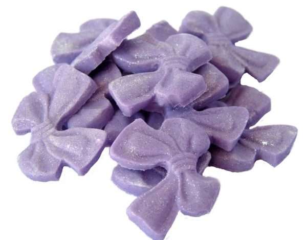 Inked12 light puple smal bows jpeg LI These small coloured Glittered edible bows decorations will enhance any cupcake or cake. Available in a choice of colours making them ideal for Weddings, Birthdays, Valentine & Anniversary decorations Approx Size: 24mm high - 28mm wide