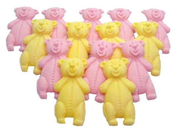 Inked12 pink Yellow LT Teddysjpeg LI These edible Teddies come in a variety of colours and in a separate listing are also packed in mixed colours. Extremely popular for baby showers and birthdays for the very young. Available in a choice of mixed colour sets: with blue, pink, yellow, white, brown, peach and purple We have another listing for single colours of these lovely teddys. Approx Size 5.5 cm/ 3.5 cm