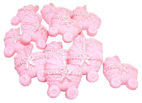 Inked12 pink A baby shower is always a great time to bake and to share. These lovely, coloured baby prams with idea for any baby shower as well as for a christening. 12 Baby prams with coloured Ribbons – make these ideal Baby Shower Cupcake Cake Topper Decorations Approx Size: 3cm tall - 2.5cm wide