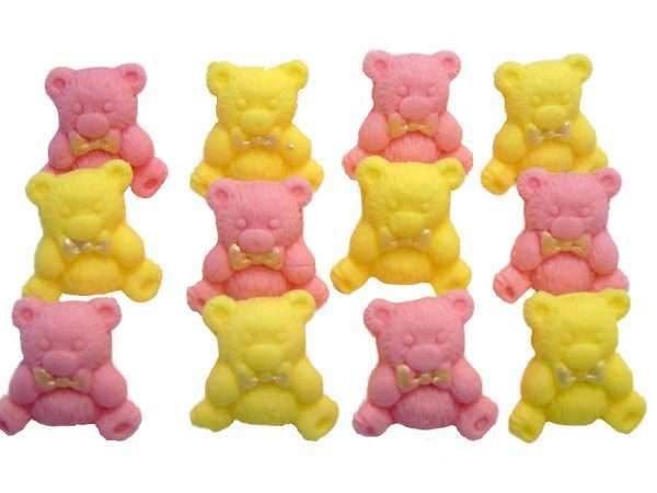 Inked12 pink yellow teddies LI These popular baby teddies are suitable for cupcakes toppers and are most used for birthdays, baby Shower and Christenings. Available in a selection of colours and mixes they are sure to please. 12 Edible Coloured Teddy Teddies Baby Shower Cupcake Toppers Approx Size 2.2 cm tall