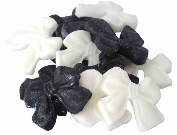 Inked12 small bows black and white LI scaled These small coloured Glittered edible bows decorations will enhance any cupcake or cake. Available in a choice of mixed colour combinations making them ideal for Weddings, Birthdays, Valentine & Anniversary decorations Approx Size: 24mm high - 28mm wide