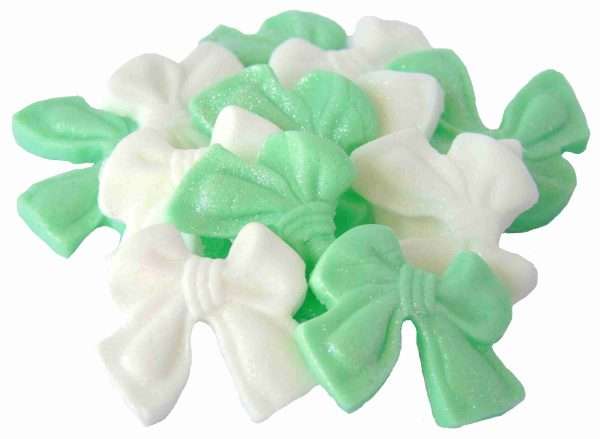 Inked12 small bows lime green and white LI scaled These small coloured Glittered edible bows decorations will enhance any cupcake or cake. Available in a choice of mixed colour combinations making them ideal for Weddings, Birthdays, Valentine & Anniversary decorations Approx Size: 24mm high - 28mm wide