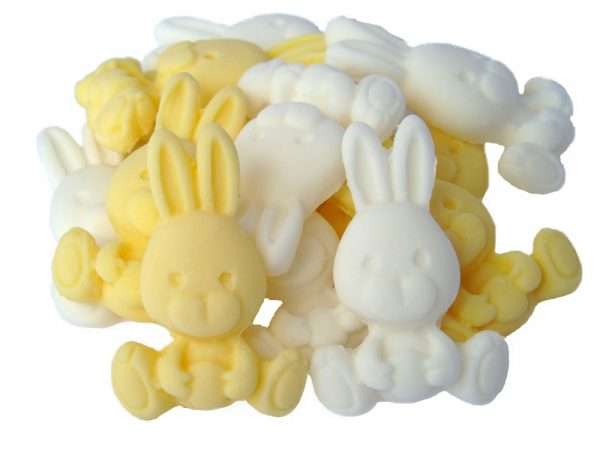 Inked12 yellow white rabbitsjpeg LI If you are looking for something for your Easter bakes? Then these cute, edible-coloured rabbits are ideal. They are also an exceedingly popular choice for decorating baby showers Cupcake Toppers. 12 Cute Edible Baby Rabbits, Available in a choice of colours and colour mixes Approx Size: 3.5cm Tall