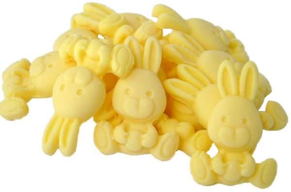 Inked12 yellowr rabbitsjpeg LI If you are looking for something for your Easter bakes? Then these cute, edible-coloured rabbits are ideal. They are also an exceedingly popular choice for decorating baby showers Cupcake Toppers. 12 Cute Edible Baby Rabbits, Available in a choice of colours and colour mixes Approx Size: 3.5cm Tall