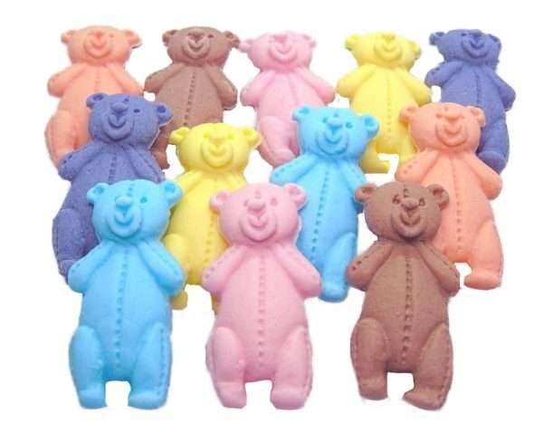 These edible Teddies come in a variety of colours and in a separate listing are also packed in mixed colours. Extremely popular for baby showers and birthdays for the very young. Available in a choice of mixed colour sets: with blue, pink, yellow, white, brown, peach and purple We have another listing for single colours of these lovely teddys. Approx Size 5.5 cm/ 3.5 cm