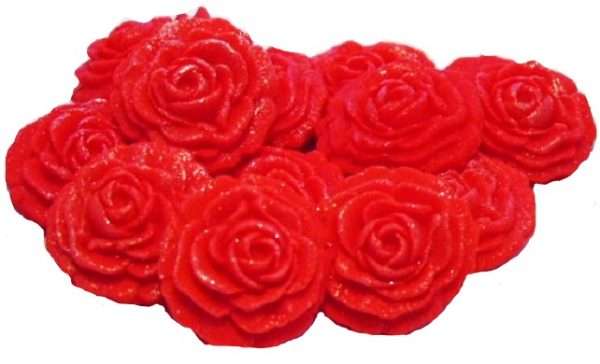 Inked1220Red20Roses LI This selection of edible small roses is shown in fixed colour sets, we do have them available in mixed colour sets under a separate listing. All are glittered and due to their size are extremely popular as cake fillers. These roses make Ideal cupcake and cake topper decorations for Weddings, Birthdays, Valentine and Anniversary. We hand make all our own decorations. Approx Size 2 cm