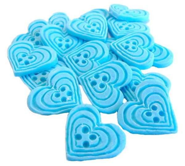 Inked18 blue heart buttons1jpeg LI If you’re looking for colourful edible heart shaped buttons to decorate your cupcakes and cakes then these are ideal for all your special occasions. Offering a choice of many single and mixed colours that are sure to please. Note: we also have square shaped buttons in same colours for those who would like to have a mix of each. 18 Heart Shaped Buttons Approx Size: 20mm high - 20mm wide