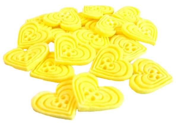 Inked18 yellow heart buttonsjpeg LI If you’re looking for colourful edible heart shaped buttons to decorate your cupcakes and cakes then these are ideal for all your special occasions. Offering a choice of many single and mixed colours that are sure to please. Note: we also have square shaped buttons in same colours for those who would like to have a mix of each. 18 Heart Shaped Buttons Approx Size: 20mm high - 20mm wide