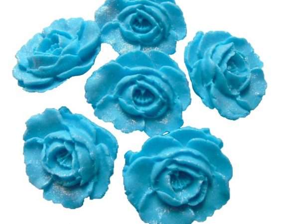 Inked6 Blue Large rosesjpeg LI We have here edible roses that you can use to decorate your cakes and cupcakes with. All are edible and glittered to add that extra sparkle. We have a large selection of colours for you to choose from that will be sure to please all your guests. These are ideal for any occasion and celebration bakes. Approx Size: 4 cm wide