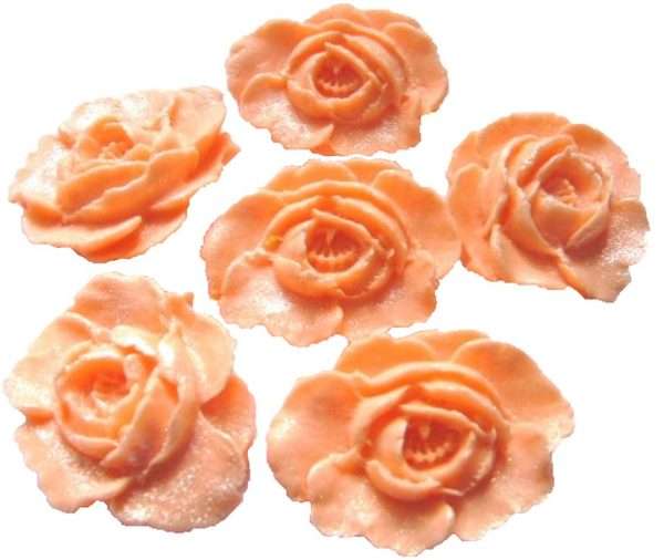 Inked6 Large N Peach rosesjppeg LI We have here edible roses that you can use to decorate your cakes and cupcakes with. All are edible and glittered to add that extra sparkle. We have a large selection of colours for you to choose from that will be sure to please all your guests. These are ideal for any occasion and celebration bakes. Approx Size: 4 cm wide