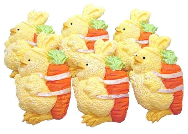 Inked6 Yellow Chicks Carrotsjpeg LI Cute Easter cupcake toppers that will be a big hit These cute chicks dressed as Rabbits in fancy dress are the ideal Easter cupcake or cake decorations. 6 baby rabbits cupcake topper decoration, Ideal cupcakes, and cake topper decorations for Easter, Baby Chicks dressed as Rabbits carrying carrots- in White, Yellow or a mixture of White and Yellow. Approx Size: 6cm -3cm