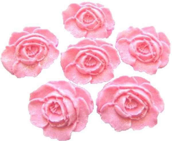 Inked6 large N pink rosesjpeg LI We have here edible roses that you can use to decorate your cakes and cupcakes with. All are edible and glittered to add that extra sparkle. We have a large selection of colours for you to choose from that will be sure to please all your guests. These are ideal for any occasion and celebration bakes. Approx Size: 4 cm wide