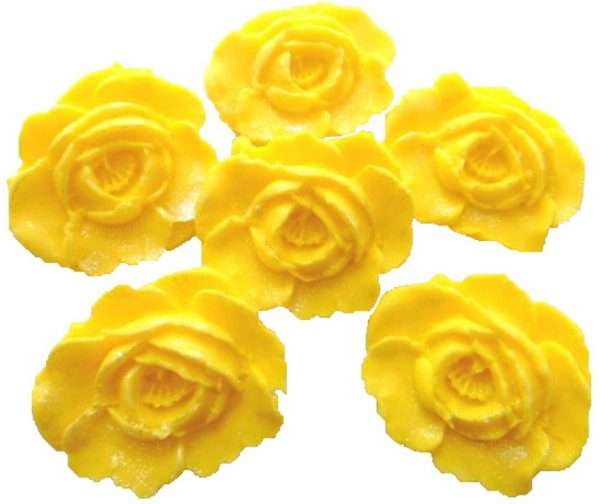 Inked6 large N yellow rosesjpeg LI We have here edible roses that you can use to decorate your cakes and cupcakes with. All are edible and glittered to add that extra sparkle. We have a large selection of colours for you to choose from that will be sure to please all your guests. These are ideal for any occasion and celebration bakes. Approx Size: 4 cm wide