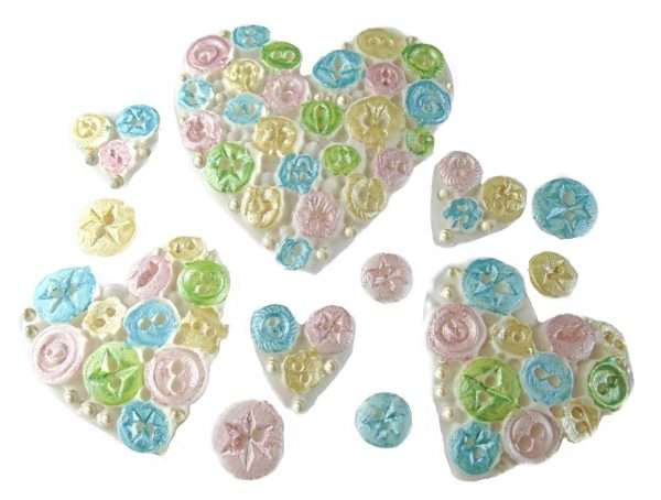 InkedInkedheart set ast colours jpeg LI Celebrating a Wedding, Valentine or Birthday? These lovely handmade button hearts cake toppers will make your celebration cakes really stand out. These decorations are all edible, hand painted and available in a choice of colours. Button hearts cupcake toppers cake decorations. Approx Sizes: 1 Large 7cm x 7.5cm 3 Medium 5cm x 5cm 6 Small 2cm x 2cm Together with an assortment of single buttons