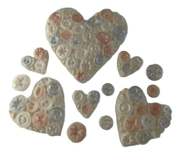 InkedInkedheart set light colours jpeg LI Celebrating a Wedding, Valentine or Birthday? These lovely handmade button hearts cake toppers will make your celebration cakes really stand out. These decorations are all edible, hand painted and available in a choice of colours. Button hearts cupcake toppers cake decorations. Approx Sizes: 1 Large 7cm x 7.5cm 3 Medium 5cm x 5cm 6 Small 2cm x 2cm Together with an assortment of single buttons