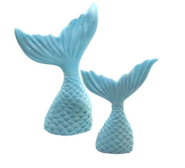 InkedMERMAID TAILS BLUE jpeg LI Do you have a child who is crazy for mermaids? Then these handmade edible mermaids’ tails sitting on top of your celebration cake as sure to be a big hit with them. All are glittered to make them sparkle and come in a great range of colours, including blue, pink, silver, golden, purple, multi coloured and yellow though we are happy to offer alternatives as requested. For your cake we have a large and small that come as a set, sizes for both are shown below. 2 edible Mermaid Tails cake decorations, ideal with sea shells and other mermaid and sea life edible decorations we have listed 1 large and 1 small mermaid tails Approx Sizes: Large: 9cm to 6.5cm Small: 7.5cm x 6cm In separate listings we also have sea life and sea shell toppers available to buy that would complement the mermaids tails.