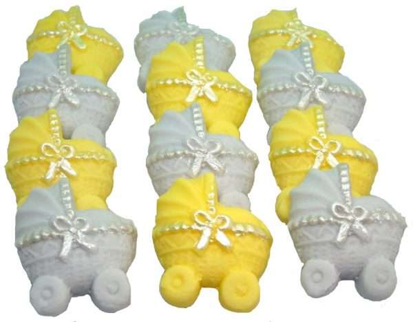 Inkedprams yellow silver LI A big hit with a baby shower is always the bakes we take to share. These lovely, coloured baby prams with silver effect ribbons are idea for any baby shower as well as for a christening. 12 Baby prams with coloured Ribbons – make these ideal Baby Shower Cupcake Cake Topper Decorations Approx Size: 3cm tall - 2.5cm wide