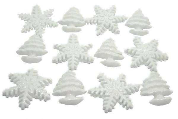 Are you wanting to decorate a frozen birthday cake? then these edible glittered decorations are ideal. You can layer the cake with the snowflakes and, trees, all are glittered to give that extra sparkle. White Glittered Trees & Snowflakes Frozen Birthday Cupcake Cake Toppers Approx Size: Trees 3.25 cm by 2.5 cm and Snowflakes 4cm