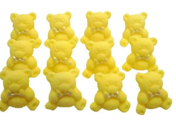 Inkedyellow teddys LI These popular baby teddies are suitable for cupcakes toppers and are most used for birthdays, baby Shower and Christenings. Available in a selection of colours and mixes they are sure to please. 12 Edible Coloured Teddy Teddies Baby Shower Cupcake Toppers Approx Size 2.2 cm tall