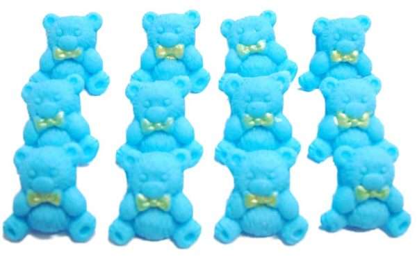blue These popular baby teddies are suitable for cupcakes toppers and are most used for birthdays, baby Shower and Christenings. Available in a selection of colours and mixes they are sure to please. 12 Edible Coloured Teddy Teddies Baby Shower Cupcake Toppers Approx Size 2.2 cm tall