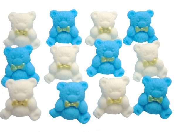 blue white teddys These popular baby teddies are suitable for cupcakes toppers and are most used for birthdays, baby Shower and Christenings. Available in a selection of colours and mixes they are sure to please. 12 Edible Coloured Teddy Teddies Baby Shower Cupcake Toppers Approx Size 2.2 cm tall