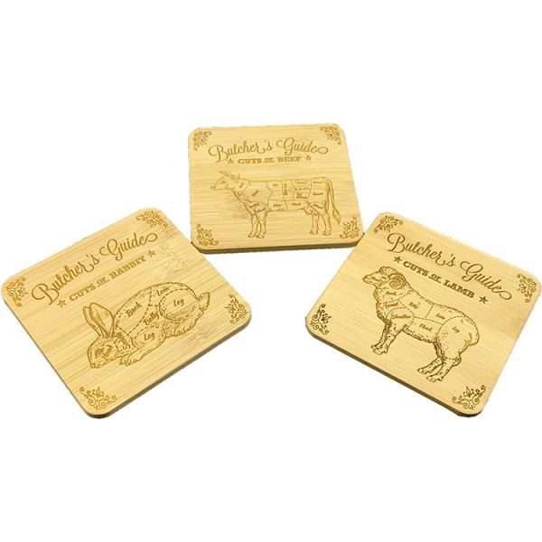 butchers coasters D The coasters have a diagram of various animals showing the names of the various meat cuts