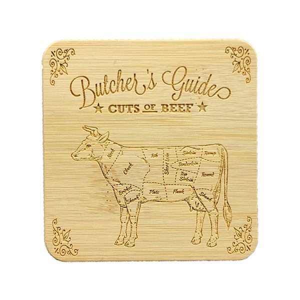 butchers coasters N The coasters have a diagram of various animals showing the names of the various meat cuts