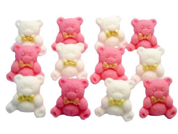 pink white teddys 1 These popular baby teddies are suitable for cupcakes toppers and are most used for birthdays, baby Shower and Christenings. Available in a selection of colours and mixes they are sure to please. 12 Edible Coloured Teddy Teddies Baby Shower Cupcake Toppers Approx Size 2.2 cm tall