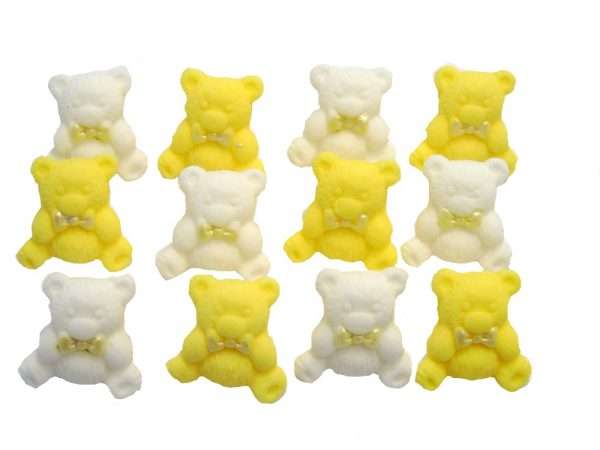 yellow white teddys 1 These popular baby teddies are suitable for cupcakes toppers and are most used for birthdays, baby Shower and Christenings. Available in a selection of colours and mixes they are sure to please. 12 Edible Coloured Teddy Teddies Baby Shower Cupcake Toppers Approx Size 2.2 cm tall