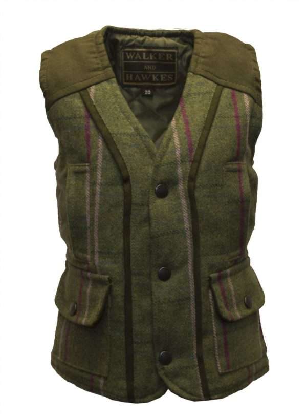 3f818c6f e5f8 40a1 877d 6f1dbccb2378 New Baby Kids Tweed Bodywarmer Fitted Gilet - Light Sage, Dark Sage, Sage with Pink Stripes and Sage with Purple Stripes Sizes available from 14 to 22. (6 months to 4 Years) Classic Design for Boys and Girls. Internal padded Lining is 100% Polyester, to ensure resistance against harsh weather condition. Internal lining has a diamond quilted pattern. Outer jacket is made from 60% Wool, 25% Polyester 11% Acrylic and 4% composed of other fibres, making this jacket top quality fabric. Other features include 2 hand warmer pockets, two bellow front pockets, heavy duty zip, Moleskin Tweed Trim to the Collar, Shoulder patches and pipping details, Press Stud Fastening and partial elasticated back to keep gilet fitted.