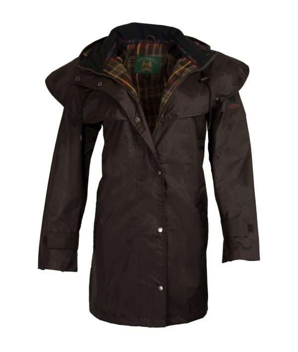 BROWN HUNTON FRONT4 Tough Durable clothing for ALL your favourite outdoor activities whether Walking, Riding, Hunting or Fishing. This classically styled 3/4 Length Hunton Jacket will provide you with all the comfort, protection and durability that you need Internal Fabric is 100% Cotton check with tartan lining, Outer Fabric is made from 100% Heavy weight Polyester. Other features include shoulder cape with arm straps, fully lined fabric for extra warmth, Inside Pocket, fully lined detachable hood, corduroy collar for comfort, taped seams, studded placket and two way fastening zip, adjustable back vent, two front welt pockets, velcro adjusable cuffs and two inside leg straps. Produced to the highest standards by a manfacturer of top quality country wear and derby clothing. Please check our size guide against the jacket you wish to purchase.