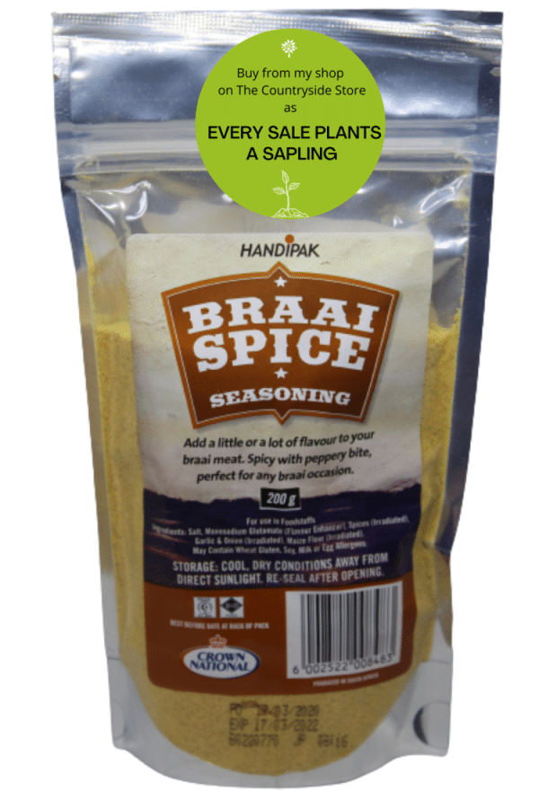 Braai Spice with Plant a sapling <b><u>Description: </u></b> •This Braai Spice seasoning adds a little or a lot of flavour to your grilled or BBQ meat, whether it is beef, pork, chicken, lamb or even fish.  Even a dash over veggies on the BBQ is fantastic! •This delicious seasoning is a bit spicy with a peppery bite, perfect for any meat over charcoal.    