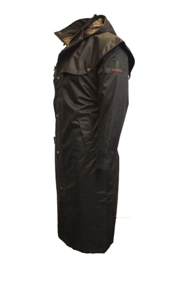 NYLON CAPE black left Tough Durable clothing for ALL your favourite outdoor activities whether Walking, Riding, Hunting ir Fishing. This classically styles Midland Jacket will provide you with all the comfort, protection and durability that you need Internal Fabric is 100% Cotton check with tartan lining, Outer Fabric is made from 100% Heavy weight Polyester. Other features include shoulder cape with arm straps, fully lined fabric for extra warmth, Inside Pocket, fully lined detachable hood, corduroy collar for comfort, taped seams, studded placket and two way fastening zip, adjustable back vent, two front welt pockets, velcro adjusable cuffs and two inside leg straps. Produced to the highest standards by a manfacturer of top quality country wear and derby clothing. Please check our size guide against the jacket you wish to purchase.