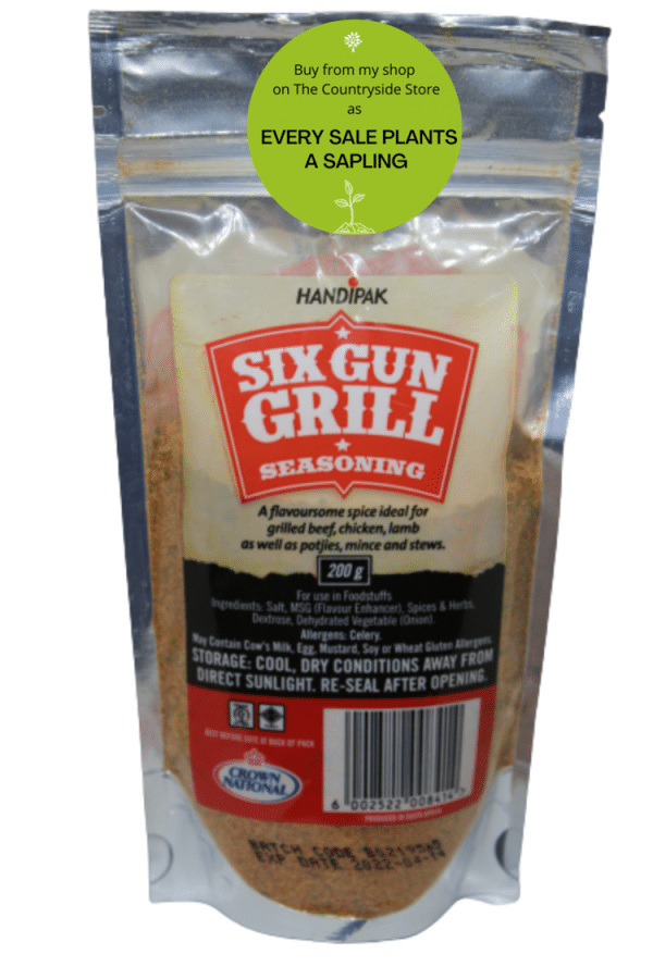 Six Gun Grill Plant a sapling <b><u>Crown National Spices - Six Gun Grill Seasoning (200g)</u></b><b> </b> <div><b>Authentic Southern African Spices and Seasonings imported from the most southern tip of the African continent.</b></div> <div><b>These spices and seasonings have a proud heritage that dates back to 1912. </b></div> <div><b>A unique taste and finest level of quality in every</b><b> pack.  </b></div> <div><b>All spices used are carefully sourced from ethical producers around the globe.  </b></div> <div></div> <div><strong>Size:</strong> 200g</div> <div></div> <div> <div><b><u>Description: </u></b></div> <div>• Six Gun Grill - a flavoursome and a well balanced blend, containing Celery, Onion, Paprika, Cumin and Cayenne Pepper.</div> <div>•This delicious seasoning is ideal for Grilled Beef, Chicken, Potjies (cooking on an open fire in a Dutch oven) Mince and Stews.</div> <div></div> <div><b><u>Ingredients: </u></b></div> <div>Salt, MSG (Flavour Enhancer), Spices (<strong>Celery</strong>) & Herbs, Dextrose, Dehydrated Vegetable (Onion), Anticaking Agent</div> <div></div> <div><b><u>Allergens:</u></b></div> <div><b>Celery</b></div> <div></div> <div>Six Gun Grill is produced in a factory where Cow's Milk, Egg, Mustard, Soy, Wheat Gluten are used.</div> </div>