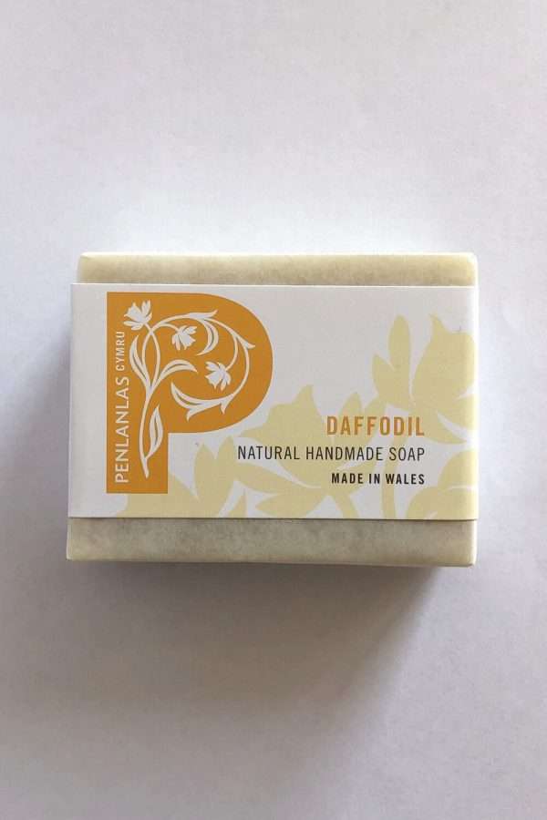 daffodil soap wrapped Naturally coloured using fresh daffodil petals. Made with pure botanical oils including Blodyn Aur extra virgin Welsh rapeseed oil (high in Omega 3 and Vitamin E), Evening Primrose oil and enriched with extra moisturising shea butter. Scented with a blend of Mandarin, Neroli and Bergamot essential oils thought to help brighten, regenerate and even out skin tone. A highly emollient and nourishing soap bar, leaving the skin supple, smooth and soft – a treat for the skin after the winter months.