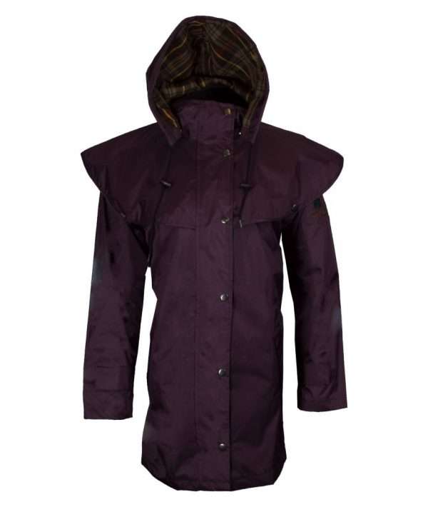 plum HUNTON FRONT Tough Durable clothing for ALL your favourite outdoor activities whether Walking, Riding, Hunting or Fishing. This classically styled 3/4 Length Hunton Jacket will provide you with all the comfort, protection and durability that you need Internal Fabric is 100% Cotton check with tartan lining, Outer Fabric is made from 100% Heavy weight Polyester. Other features include shoulder cape with arm straps, fully lined fabric for extra warmth, Inside Pocket, fully lined detachable hood, corduroy collar for comfort, taped seams, studded placket and two way fastening zip, adjustable back vent, two front welt pockets, velcro adjusable cuffs and two inside leg straps. Produced to the highest standards by a manfacturer of top quality country wear and derby clothing. Please check our size guide against the jacket you wish to purchase.
