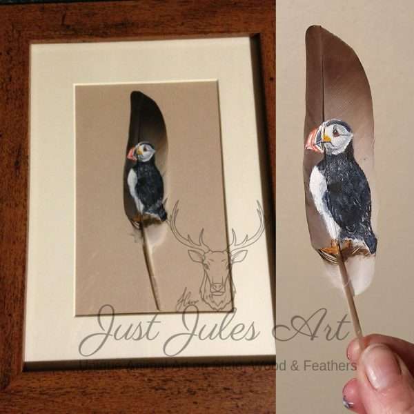 puffin 10x8 1 Puffin handpainted on a call duck feather mounted in a 7x5 inch frame. EVERY PAINTING CREATED BY JUST JULES ART IS AN ORIGINAL.