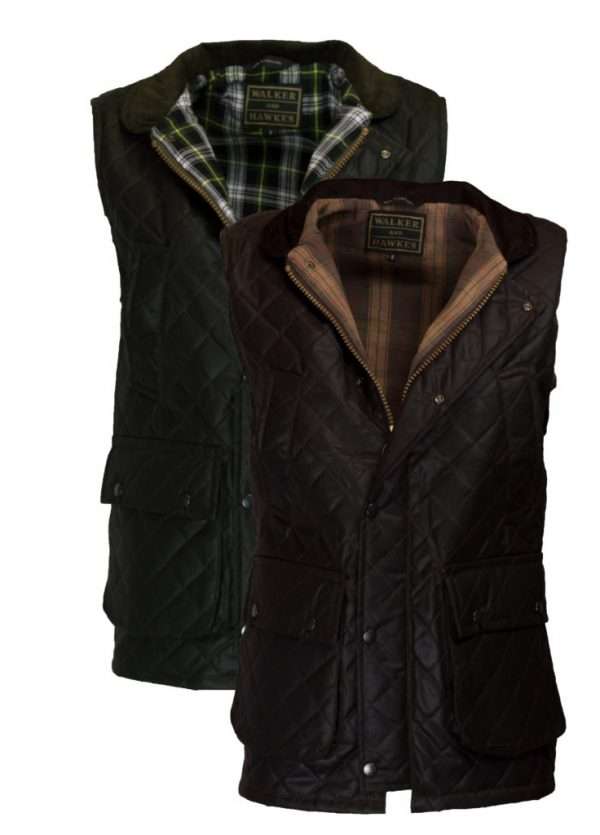 quilted wax gilet both 1 Our Wax Diamond Quilted Bodywamer has Internal Lining 100% Cotton checked. Outer jacket (shell) is made from heavy-weight 100% waxed cotton making this waistcoat waterproof and windproof. Wax Fabric exterior has 1.5' box quilted pattern Other features include 2 hand warmer pockets, 2 front bellow pockets, 2-way heavy duty zip with studded flap enclosure, corduroy collar, 1 inside pocket, and 100% nylon lining trim, offering great mobility as well as warmth and comfort. Produced to the highest standards by a manufacturer of top quality countrywear and derby clothing. Please check our size guide against your waistcoat you would like to purchase.