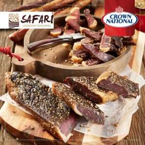 safari biltong v2 <b><u>Crown National Spices- Safari Biltong Seasoning 200g </u></b> <strong>Authentic Southern African Spices and Seasonings imported from the most southern tip of the African continent. These spices and seasonings have a proud heritage that dates back to 1912. A unique taste and finest level of quality in every pack. </strong> Size: 200g <b><u>Description: </u></b> •This Safari seasoning is ideal to use to make your own mild perfect Biltong (Almost like dried beef jerky) •This delicious legendary seasoning has beefy and coriander notes. •The seasoning is great for BBQ's or in Afrikaans a Braai, and for stews. <b><u>Ingredients:</u></b> Flavouring [(<b>Celery</b>)Maize Flour, Maize Meal, Colourants, MSG (Flavour Enhancer), Hydrogenated Vegetable Fat (Palm Fruit), Anticaking Agent, Acidity Regulator, Spice Extract (Antioxidant- TBHQ)], Salt, Spices, Sugar, Preservative (Potassium Sorbate) <b><u>Allergens: </u>Celery</b> Produced in a factory where Cow's Milk, Egg, Mustard, Soy, Wheat Gluten are used.