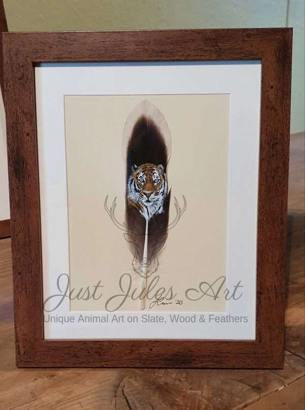 tiger 10x8 1 TIGER HANDPAINTED IN ACRYLICS ON AN HARRIS HAWK FEATHER MOUNTED IN A 10X8 INCH FRAME