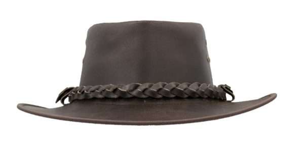 traveller hat brown front Whenever your headed outdoors, our classic Traveller Outback Hat is your trusted, everyday headwear. Our hat is crafted of naturally water resistant full grain cowhide distressed leather, trimmed with a Leather braided band which adds a fine finish to your leisure wardrobe. Crafted with a wide brim to protect from the summer shade, a chin cord to tighten in windy weather, our outback hat is practical and stylish for outdoor pursuits. Other features include Spring wire in brim, air vented brass eyelets (3 on both sides), Brass snap button on each side of the band, UPF 50+, printed Branded Walker and Hawkes logo on the inside crown and water resistant coating. Crown Height - Approx. 3 inchs (7.5cm) Brim Length - Approx. 3 inchs (7.5cm) Water Resistant Coating - to maintain this resistance, please condition with our leather waterproofing treatment from time to time. Produced to the highest standards by a manufacturer of top quality countrywear and derby clothing.